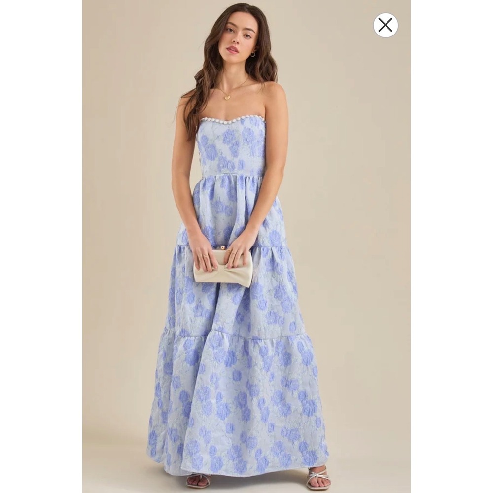 Altar'd State Size Evany Blue Floral Jacquard Pearl Trim Maxi Dress Size Large